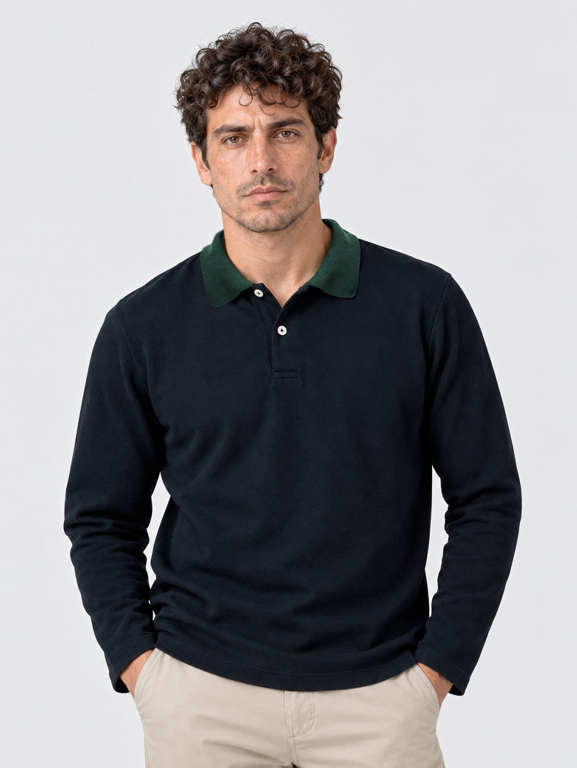 CAMISETA POLO AZUL 100% ALGODÓN - CUELLO VERDE